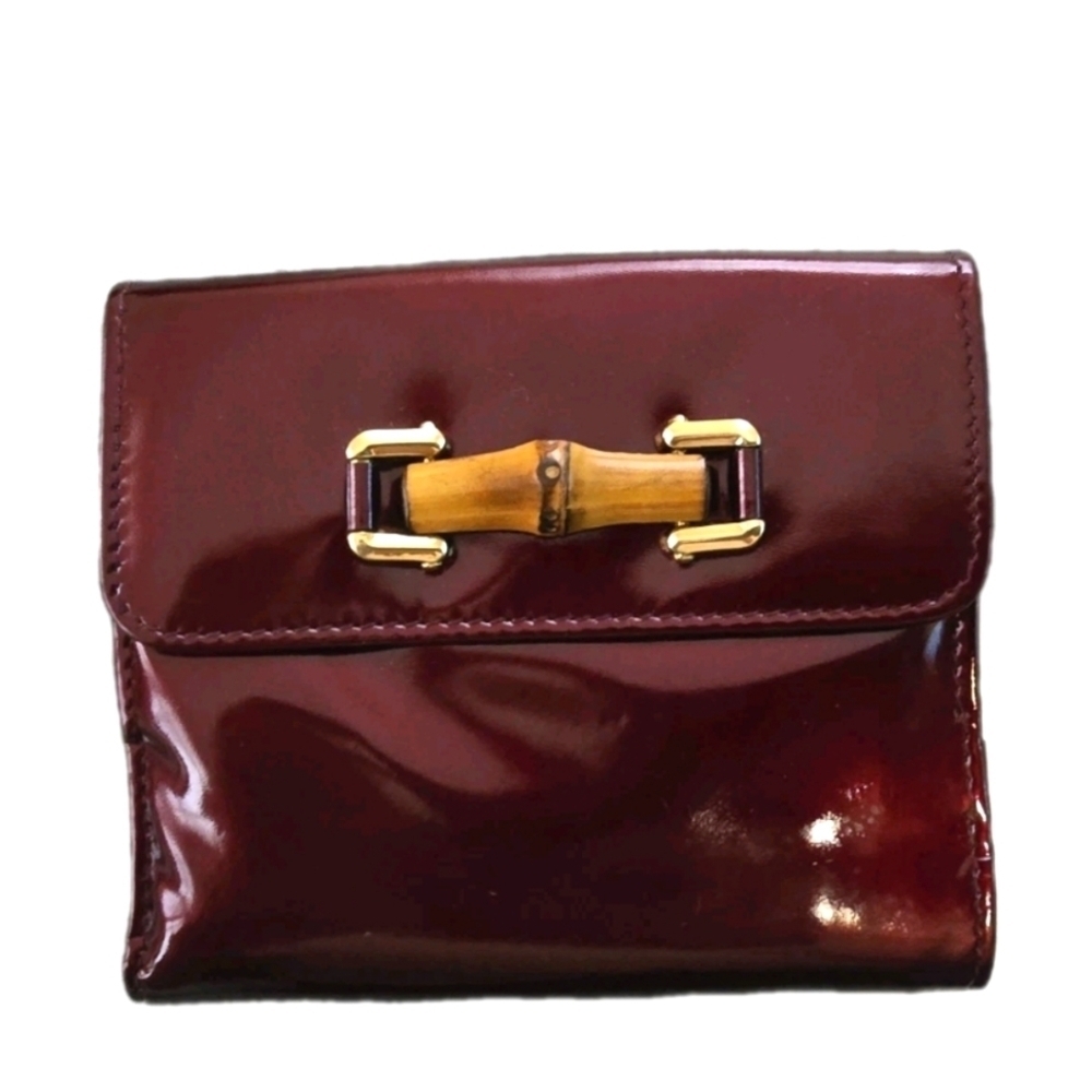 Elegant And Classic Authentic Gucci Burgundy Leather Wallet With Bamboo Accent